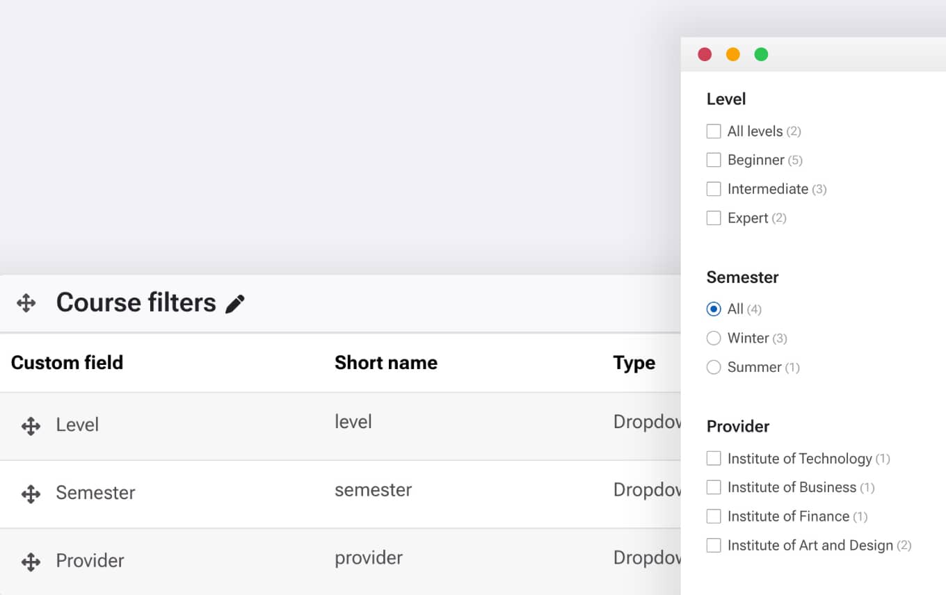 Unlimited course filters with custom fields